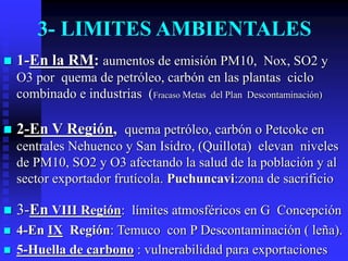 3- LIMITES AMBIENTALES
   1-En la RM: aumentos de emisión PM10, Nox, SO2 y
    O3 por quema de petróleo, carbón en las plantas ciclo
    combinado e industrias (Fracaso Metas del Plan Descontaminación)

   2-En V Región, quema petróleo, carbón o Petcoke en
    centrales Nehuenco y San Isidro, (Quillota) elevan niveles
    de PM10, SO2 y O3 afectando la salud de la población y al
    sector exportador frutícola. Puchuncavi:zona de sacrificio

   3-En VIII Región: límites atmosféricos en G Concepción
   4-En IX Región: Temuco con P Descontaminación ( leña).
   5-Huella de carbono : vulnerabilidad para exportaciones
 