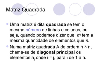 Matriz Quadrada
Uma matriz é dita quadrada se tem o
mesmo número de linhas e colunas, ou
seja, quando podemos dizer que, m tem a
mesma quantidade de elementos que n.
Numa matriz quadrada A de ordem n × n,
chama-se de diagonal principal os
elementos aij onde i = j, para i de 1 a n.
 