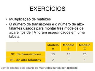 EXERCÍCIOS Multiplicação de matrizes  O número de transistores e o número de alto-falantes usados para montar três modelos de aparelhos de TV foram especificados em uma tabela. 