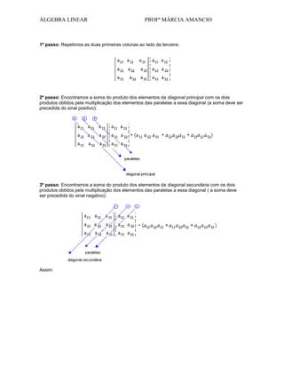 ÁLGEBRA LINEAR

PROFª MÁRCIA AMANCIO

1º passo: Repetimos as duas primeiras colunas ao lado da terceira:

2º passo: Encontramos a soma do produto dos elementos da diagonal principal com os dois
produtos obtidos pela multiplicação dos elementos das paralelas a essa diagonal (a soma deve ser
precedida do sinal positivo):

3º passo: Encontramos a soma do produto dos elementos da diagonal secundária com os dois
produtos obtidos pela multiplicação dos elementos das paralelas a essa diagonal ( a soma deve
ser precedida do sinal negativo):

Assim:

 