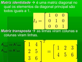 Matriz identidadeMatriz identidade  é uma matriz diagonal no
qual os elementos da diagonal principal são
todos iguais a 1.
Matriz transpostaMatriz transposta  as linhas viram colunas e
colunas viram linhas.
2x3
t
3x2
nxm
t
mxn
AA
AA
⇒
⇒
 