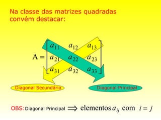 Na classe das matrizes quadradas
convém destacar:



             a11        a12    a13 
            a
        A =  21         a 22        
                                a 23 
             a 31
                        a 32   a 33 
                                     

 Diagonal Secundária                Diagonal Principal



OBS:Diagonal Principal   ⇒ elementos a ij com            i= j
 