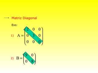 Matriz Diagonal

Exs:
          2 0 0
               
1)   A =  0 3 0
          0 0 0
               

       9 0
2)   B=
       0 8
           
          
 