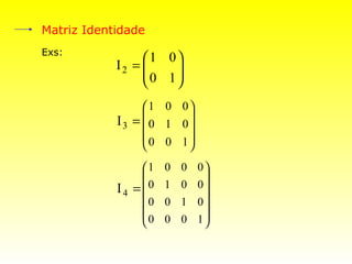Matriz Identidade
Exs:
                 1 0
            I2 = 
                 0 1
                     
                    
                 1 0 0
                       
            I3 =  0 1 0
                 0 0 1
                       
                 1   0 0 0
                          
            I4 = 0   1 0 0
                 0   0 1 0
                          
                 0   0 0 1
                          
 