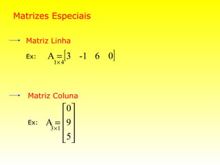 Matrizes Especiais

  Matriz Linha

  Ex:    A = [ 3 -1 6 0]
           1× 4




   Matriz Coluna
               0 
   Ex:   A=  9
          3× 1
               5 
                
 