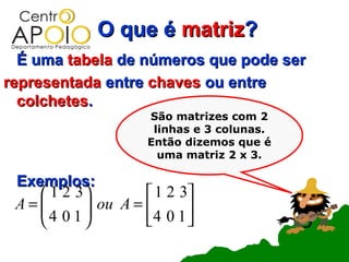 O que é matriz?
  É uma tabela de números que pode ser
representada entre chaves ou entre
  colchetes.
                     São matrizes com 2
                      linhas e 3 colunas.
                     Então dizemos que é
                       uma matriz 2 x 3.

 Exemplos:
     1 2 3          1 2 3
 A= 4 0 1  ou A = 4 0 1 
            
                         
 