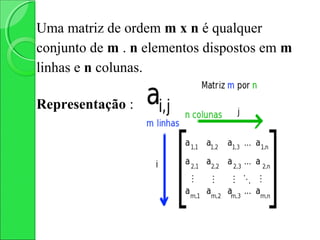 Uma matriz de ordem m x n é qualquer
conjunto de m . n elementos dispostos em m
linhas e n colunas.

Representação :
 