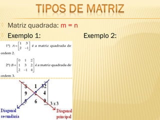  Matriz quadrada: m = n
 Exemplo 1: Exemplo 2:
 