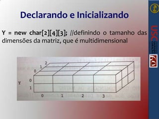 Declarando e Inicializando
Y = new char[2][4][3]; //definindo o tamanho das
dimensões da matriz, que é multidimensional

 