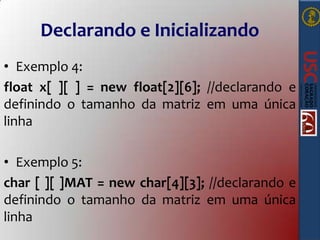Declarando e Inicializando
• Exemplo 4:
float x[ ][ ] = new float[2][6]; //declarando e
definindo o tamanho da matriz em uma única
linha
• Exemplo 5:
char [ ][ ]MAT = new char[4][3]; //declarando e
definindo o tamanho da matriz em uma única
linha

 