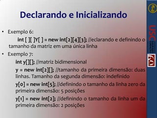 Declarando e Inicializando
• Exemplo 6:
int [ ][ ]Y[ ] = new int[2][4][3]; //eclarando e definindo o
tamanho da matriz em uma única linha
• Exemplo 7:
int y[][]; //matriz bidimensional
y = new int[2][]; //tamanho da primeira dimensão: duas
linhas. Tamanho da segunda dimensão: indefinido
y[0] = new int[5]; //definindo o tamanho da linha zero da
primeira dimensão: 5 posições
y[1] = new int[2]; //definindo o tamanho da linha um da
primeira dimensão: 2 posições

 