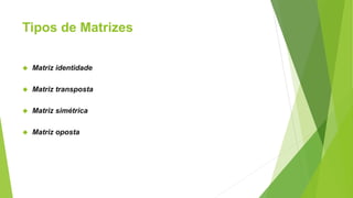 Tipos de Matrizes
 Matriz identidade
 Matriz transposta
 Matriz simétrica
 Matriz oposta
 