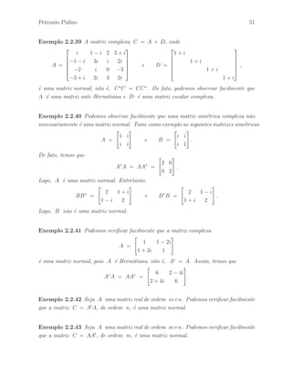 46 ´ Algebra Linear e suas Aplica¸c˜oes: Notas de Aula 
Defini¸c˜ao 2.2.13 Dizemos que uma matriz A = [aij ] complexa de ordem n ´e uma 
matriz anti–Hermitiana se (A)t = −A, isto ´e, aij = −aji para todos i, j. 
Geralmente indicamos A = −A para denotar uma matriz anti–Hermitiana. 
Exemplo 2.2.20 A matriz complexa 
A = 
 
 
i 1 − i 2 
−1 − i 3i i 
−2 i 0 
 
 
´e uma matriz anti–Hermitiana, isto ´e, (A)t = −A. 
Teorema 2.2.4 Sejam A = [aij ] e B = [bij ] matrizes de mesma ordem e  um 
escalar. Ent˜ao, 
(a) (At)t = A. 
(b) (A + B)t = At + Bt . 
(c) (A)t = At . 
Demonstra¸c˜ao – A prova pode ficar a cargo do leitor.  
Teorema 2.2.5 Sejam as matrizes A = [aij ] de ordem m×n e B = [bij ] de ordem 
n × p. Ent˜ao, (AB)t = BtAt. 
Demonstra¸c˜ao – A prova pode ficar a cargo do leitor.  
Teorema 2.2.6 Sejam A = [aij ] e B = [bij ] matrizes complexas de mesma ordem e 
 um escalar. Ent˜ao, 
(a) (A) = A. 
(b) (A + B) = A + B . 
(c) (A) = A . 
Demonstra¸c˜ao – A prova pode ficar a cargo do leitor.  
Teorema 2.2.7 Sejam as matrizes complexas A = [aij ] de ordem m×n e B = [bij ] 
de ordem n × p. Ent˜ao, (AB) = BA. 
Demonstra¸c˜ao – A prova pode ficar a cargo do leitor.  
 