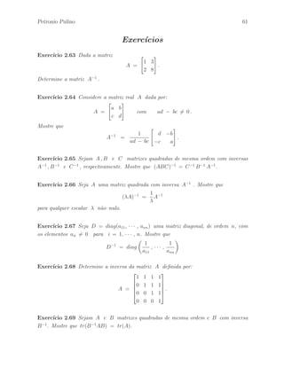 56 ´ Algebra Linear e suas Aplica¸c˜oes: Notas de Aula 
Exerc´ıcio 2.41 Mostre que uma matriz A ´e auto–reflexiva se, e somente se, 
(I − A)(I + A) = 0 . 
Exerc´ıcio 2.42 Mostre que se A e B s˜ao matrizes quadradas, ent˜ao A e B comutam 
se, e somente se, A − I e B − I comutam para qualquer escalar . 
Exerc´ıcio 2.43 Mostre que se A ´e uma matriz idempotente, de ordem n × n, ent˜ao 
B = I − A ´e uma matriz idempotente e AB = BA = 0n. 
Exerc´ıcio 2.44 Dada a matriz 
A = 
 
 
1 2 2 
2 1 2 
2 2 1 
 
 
. 
Mostre que A2 − 4A − 5I = 03 , onde 03 ∈ IM3(IR) ´e a matriz nula.. 
Exerc´ıcio 2.45 Dada a matriz complexa 
A = 
 
i 0 
0 i 
# 
. 
Mostre que uma f´ormula para as potˆencias inteiras positivas da matriz A ´e dada por: 
An = I, A, −I, −A 
para n = 4m, 4m + 1, 4m + 2, 4m + 3 ; m ∈ IN, respectivamente. 
Exerc´ıcio 2.46 Mostre que a matriz 
A = 
 
 
1 −2 −6 
−3 2 9 
2 0 −3 
 
 
´e peri´odica com per´ıodo 2, isto ´e, A3 = A. 
Exerc´ıcio 2.47 Mostre que a matriz 
A = 
 
 
1 −3 −4 
−1 3 4 
1 −3 −4 
 
 
´e nilpotente, isto ´e, existe um k ∈ IN tal que Ak = 03. 
 