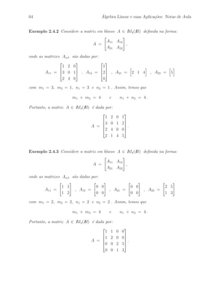 Petronio Pulino 59 
2.3 Inversa de uma Matriz 
Defini¸c˜ao 2.3.1 Se A e B s˜ao matrizes quadradas de mesma ordem tais que 
AB = BA = I , 
dizemos que B ´e a inversa de A e escrevemos B = A−1. De modo an´alogo, temos 
que a matriz A ´e a inversa da matriz B e podemos escrever A = B−1. Uma matriz 
que possui inversa dizemos que ´e invert´ıvel. Caso contr´ario, dizemos que a matriz ´e 
n˜ao–invert´ıvel. 
Exemplo 2.3.1 As matrizes A e B dadas por: 
A = 
 
 
1 2 3 
1 3 3 
1 2 4 
 
 
e B = 
 
 
6 −2 −3 
−1 1 0 
−1 0 1 
 
 
satisfazem AB = BA = I. Logo, uma ´e a inversa da outra. 
Teorema 2.3.1 Sejam A e B matrizes quadradas de mesma ordem com inversas A−1 
e B−1, respectivamente. Ent˜ao, (AB)−1 = B−1A−1. 
Demonstra¸c˜ao – Por defini¸c˜ao, temos que 
(AB)−1 (AB) = (AB) (AB)−1 = I . 
Desse modo, podemos escrever 
(B−1A−1) (AB) = B−1(A−1A)B = B−1IB = B−1B = I . 
Por outro lado, temos que 
(AB) (B−1A−1) = A(BB−1)A−1 = AIA−1 = AA−1 = I . 
Portanto, provamos que (AB)−1 = B−1A−1.  
Teorema 2.3.2 Seja A uma matriz quadrada com inversa A−1. Ent˜ao, 
(A−1)t = (At)−1 . 
Demonstra¸c˜ao – Sabemos que AA−1 = I e A−1A = I. Assim, calculando suas 
transpostas, obtemos 
(AA−1)t = (A−1)tAt = I e (A−1A)t = At(A−1)t = I . 
Desse modo, temos que (A−1)t = (At)−1, o que completa a demonstra¸c˜ao.  
 