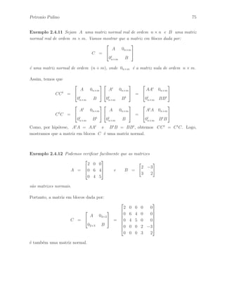 Petronio Pulino 65 
Defini¸c˜ao 2.4.2 Dizemos que uma matriz A ´e uma matriz quadrada em blocos se 
(a) A ´e uma matriz quadrada. 
(b) Os blocos formam uma matriz quadrada. 
(c) O blocos diagonais s˜ao matrizes quadradas. 
Defini¸c˜ao 2.4.3 Dizemos que uma matriz quadrada em blocos D ∈ IMn(IR) ´e uma 
matriz diagonal em blocos se os blocos n˜ao diagonais s˜ao matrizes nulas. Denotamos 
a matriz diagonal em blocos da seguinte forma: 
D = 
 
 
D11 
D22 
. . . 
Drr 
 
 
, 
onde cada matriz D ´e de ordem n × n, com n1 + · · · + nr = n. 
Em geral, representamos a matriz diagonal em bloco D da forma: 
D = D11 ⊕ D22 ⊕ · · · ⊕ Drr = ⊕ 
Xr 
i=1 
Dii , 
que tamb´em ´e denominada soma direta das matrizes D11 , · · · , Drr. 
Exemplo 2.4.4 A matriz do Exemplo 2.4.3 ´e uma matriz diagonal em blocos. 
Defini¸c˜ao 2.4.4 Dizemos que uma matriz quadrada em blocos L ∈ IMn(IR) ´e uma 
matriz triangular inferior em blocos se os blocos acima da diagonal principal s˜ao 
matrizes nulas. 
Exemplo 2.4.5 A matriz quadrada em blocos L ∈ IM4(IR) definida na forma: 
L = 
 
L11 02 
L21 L22 
# 
, 
onde 02 ∈ IM2(IR) ´e a matriz nula, e as matrizes L 