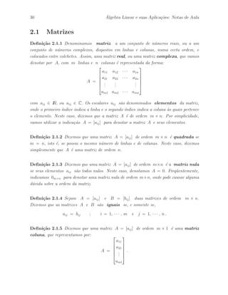 30 ´ Algebra Linear e suas Aplica¸c˜oes: Notas de Aula 
2.1 Matrizes 
Defini¸c˜ao 2.1.1 Denominamos matriz a um conjunto de n´umeros reais, ou a um 
conjunto de n´umeros complexos, dispostos em linhas e colunas, numa certa ordem, e 
colocados entre colchetes. Assim, uma matriz real, ou uma matriz complexa, que vamos 
denotar por A, com m linhas e n colunas ´e representada da forma: 
A = 
 
 
a11 a12 · · · a1n 
a21 a22 · · · a2n 
... 
... 
... 
am1 am2 · · · amn 
 
 
com aij ∈ IR, ou aij ∈ C. Os escalares aij s˜ao denominados elementos da matriz, 
onde o primeiro ´ındice indica a linha e o segundo ´ındice indica a coluna `as quais pertence 
o elemento. Neste caso, dizemos que a matriz A ´e de ordem m × n. Por simplicidade, 
vamos utilizar a indica¸c˜ao A = [aij ] para denotar a matriz A e seus elementos. 
Defini¸c˜ao 2.1.2 Dizemos que uma matriz A = [aij ] de ordem m× n ´e quadrada se 
m = n, isto ´e, se possui o mesmo n´umero de linhas e de colunas. Neste caso, dizemos 
simplesmente que A ´e uma matriz de ordem n. 
Defini¸c˜ao 2.1.3 Dizemos que uma matriz A = [aij ] de ordem m×n ´e a matriz nula 
se seus elementos aij s˜ao todos nulos. Neste caso, denotamos A = 0. Freq¨uentemente, 
indicamos 0m×n para denotar uma matriz nula de ordem m×n, onde pode causar alguma 
d´uvida sobre a ordem da matriz. 
Defini¸c˜ao 2.1.4 Sejam A = [aij ] e B = [bij ] duas matrizes de ordem m × n. 
Dizemos que as matrizes A e B s˜ao iguais se, e somente se, 
aij = bij ; i = 1, · · · , m e j = 1, · · · , n . 
Defini¸c˜ao 2.1.5 Dizemos que uma matriz A = [aij ] de ordem m × 1 ´e uma matriz 
coluna, que representamos por: 
A = 
 
 
a11 
a21 
... 
am1 
 
 
. 
 