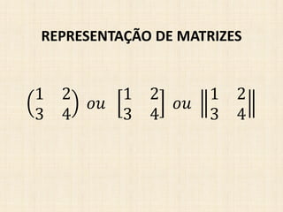 REPRESENTAÇÃO DE MATRIZES
1 2
3 4
𝑜𝑢
1 2
3 4
𝑜𝑢
1 2
3 4
 
