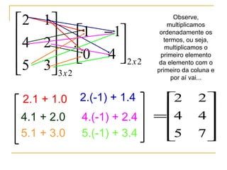 22
23
40
11
.
35
24
12
x
x





 −




















=
75
44
222.1 + 1.0 2.(-1) + 1.4
4.1 + 2.0 4.(-1) + 2.4
5.1 + 3.0 5.(-1) + 3.4
Observe,
multiplicamos
ordenadamente os
termos, ou seja,
multiplicamos o
primeiro elemento
da elemento com o
primeiro da coluna e
por aí vai...
 