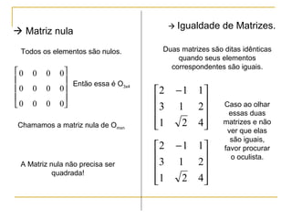0 0 0 0
0 0 0 0
0 0 0 0










 Matriz nula
Todos os elementos são nulos.
Chamamos a matriz nula de Omxn
Então essa é O3x4
A Matriz nula não precisa ser
quadrada!
 Igualdade de Matrizes.
Duas matrizes são ditas idênticas
quando seus elementos
correspondentes são iguais.









 −
421
213
112









 −
421
213
112
Caso ao olhar
essas duas
matrizes e não
ver que elas
são iguais,
favor procurar
o oculista.
 
