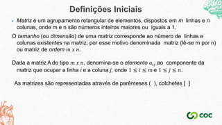  Matriz é um agrupamento retangular de elementos, dispostos em m linhas e n
colunas, onde m e n são números inteiros maiores ou iguais a 1.
O tamanho (ou dimensão) de uma matriz corresponde ao número de linhas e
colunas existentes na matriz, por esse motivo denominada matriz (lê-se m por n)
ou matriz de ordem 𝑚 𝑥 𝑛.
Dada a matriz A do tipo 𝑚 𝑥 𝑛, denomina-se o elemento 𝑎𝑖𝑗 ao componente da
matriz que ocupar a linha i e a coluna j, onde 1 ≤ 𝑖 ≤ 𝑚 e 1 ≤ 𝑗 ≤ 𝑛.
As matrizes são representadas através de parênteses ( ), colchetes [ ]
 