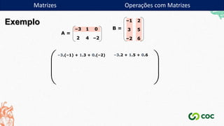 –3 1 0
2 4 –2
–1 2
3 5
–2 6
B =
A =
–3.(–1) + 1.3 + 0.(–2) –3.2 + 1.5 + 0.6








Matrizes Operações com Matrizes
Exemplo
 