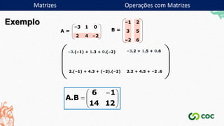 Matrizes Operações com Matrizes
Exemplo –3 1 0
2 4 –2
–1 2
3 5
–2 6
B =
A =
–3.(–1) + 1.3 + 0.(–2) –3.2 + 1.5 + 0.6








2.(–1) + 4.3 + (–2).(–2) 2.2 + 4.5 + –2 .6







 

12
14
1
6
A.B
 