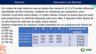 Matrizes Operações com Matrizes
Um criador de cães observou que as rações das marcas A, B, C e D contêm diferentes
quantidades de três nutrientes, medidos em miligramas por quilograma, como
indicado na primeira matriz abaixo. O criador decidiu misturar os quatro tipos de ração
para proporcionar um alimento adequado para seus cães. A segunda matriz abaixo dá
os percentuais de cada tipo de ração nessa mistura.
Quantos miligramas do nutriente 2 estão presentes em um quilograma da mistura de
rações?
a) 389 mg.
b) 330 mg.
c) 280 mg.
d) 210 mg.
e) 190 mg.
A B C D percentuais de
mistura
𝑛𝑢𝑡𝑟𝑖𝑒𝑛𝑡𝑒 1
𝑛𝑢𝑡𝑟𝑖𝑒𝑛𝑡𝑒 2
𝑛𝑢𝑡𝑟𝑖𝑒𝑛𝑡𝑒 3
210
340
145
370
520
225
450
305
190
290
485
260
𝐴
𝐵
𝐶
𝐷
35%
25%
30%
10%
Matrizes Operações com Matrizes
 