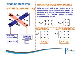 TIPOS DE MATRIZES
MATRIZ QUADRADA (An)










333231
232221
131211
aaa
aaa
aaa
DIAGONAL
PRINCIPAL
i = j
DIAGONAL
SECUNDÁRIA
i + j = n + 1
TRANSPOSTA DE UMA MATRIZ
Seja A uma matriz de ordem m x n,
denomina-se transposta de A a matriz de
ordem n x m obtida, trocando-se de forma
ordenada as linhas pelas colunas.
Representa-se por At






049
132
A2x3 = At
3x2 =










01
43
92










085
813
532
A =
SIMÉTRICA
A = At










08-5
803-
5-30
A =
ANTI SIMÉTRICA
A = - At
 