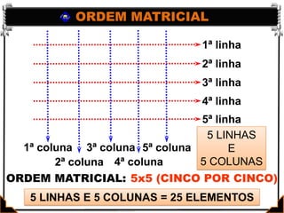 ORDEM MATRICIAL1ª linha2ª linha3ª linha4ª linha5ª linha5 LINHASE5 COLUNAS1ª coluna3ª coluna5ª coluna2ª coluna4ª coluna5x5 (CINCO POR CINCO)ORDEM MATRICIAL:5 LINHAS E 5 COLUNAS = 25 ELEMENTOS
