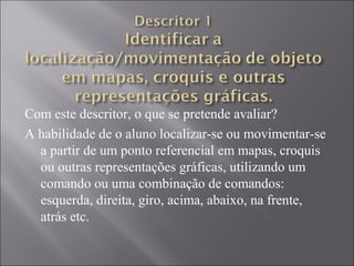 Com este descritor, o que se pretende avaliar?
A habilidade de o aluno localizar-se ou movimentar-se
  a partir de um ponto referencial em mapas, croquis
  ou outras representações gráficas, utilizando um
  comando ou uma combinação de comandos:
  esquerda, direita, giro, acima, abaixo, na frente,
  atrás etc.
 