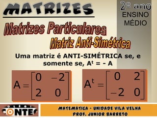 ENSINO
                              MÉDIO



Uma matriz é ANTI-SIMÉTRICA se, e
      somente se, At = - A

     0     2          t   0     2
A                 A
     2    0               2 0
 