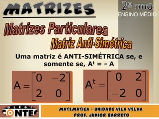 Uma matriz é ANTI-SIMÉTRICA se, e
somente se, At = - A
02
20
A
02
20
At
ENSINO MÉDIO
 
