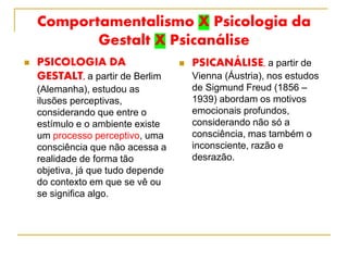 Comportamentalismo X Psicologia da
Gestalt X Psicanálise
 PSICOLOGIA DA
GESTALT, a partir de Berlim
(Alemanha), estudou as
ilusões perceptivas,
considerando que entre o
estímulo e o ambiente existe
um processo perceptivo, uma
consciência que não acessa a
realidade de forma tão
objetiva, já que tudo depende
do contexto em que se vê ou
se significa algo.
 PSICANÁLISE, a partir de
Vienna (Áustria), nos estudos
de Sigmund Freud (1856 –
1939) abordam os motivos
emocionais profundos,
considerando não só a
consciência, mas também o
inconsciente, razão e
desrazão.
 