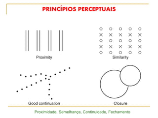 PRINCÍPIOS PERCEPTUAIS
Proximidade, Semelhança, Continuidade, Fechamento
 