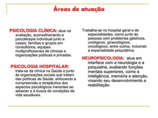 Áreas de atuação
PSICOLOGIA CLÍNICA: atua na
avaliação, aconselhamento e
psicoterapia individual junto a
casais, famílias e grupos em
consultórios, equipes
multiprofissionais de clínicas e
organizações públicas e privadas.
PSICOLOGIA HOSPITALAR:
trata-se da clínica na Saúde e junto
às organizações sociais que tratam
das políticas de Saúde, enfocando a
compreensão e terapêutica dos
aspectos psicológicos inerentes ao
adoecer e à busca de condições de
vida saudáveis.
Trabalha-se no hospital geral e de
especialidades, como junto às
pessoas com problemas gástricos,
urológicos, ginecológicos,
oncológicos, entre outros, incluindo
a especialidade psiquiátrica.
NEUROPSICOLOGIA: atua em
interface com a neurologia e a
psiquiatria, avaliando funções
mentais superiores, como a
inteligência, memória e atenção,
visando seu desenvolvimento e
reabilitação.
 