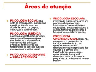 Áreas de atuação
 PSICOLOGIA SOCIAL:atua
junto às organizações, movimentos
e políticas sociais visando a
cidadania plena dos grupos,
instituições e comunidades.
PSICOLOGIA JURÍDICA:
assessora as instituições jurídicas
com os subsídios psicológicos
envolvidos na compreensão e
intervenção das situações
avaliadas, como as que são
relacionadas às políticas públicas
de segurança e justiça social.
 PSICOLOGIA DO ESPORTE
e ÁREA ACADÊMICA
 PSICOLOGIA ESCOLAR:
intervenção e assessoria junto aos
processos biopsicosociais
implicados no desenvolvimento
educacional, em atividades junto a
alunos, familiares, professores e
funcionários do sistema escolar.
PSICOLOGIA
ORGANIZACIONAL: atua nas
empresas e organizações de
trabalho como um todo, nas
questões que envolvem
relacionamentos interpessoais das
equipes e a carreira dos
trabalhadores, em processos
como seleção, treinamento,
desenvolvimento profissional e
programas de qualidade de vida no
trabalho.
 
