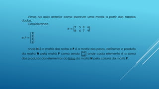 Vimos na aula anterior como escrever uma matriz a partir das tabelas
dadas.
Considerando
𝑁 =
7 5
8 6
9 6
7 9
e 𝑃 =
1
2
3
3
onde N é a matriz das notas e P é a matriz dos pesos, definimos o produto
da matriz N pela matriz P como sendo
62
68
onde cada elemento é a soma
dos produtos dos elementos da linha da matriz N pela coluna da matriz P.
 