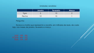 Unidades vendidas:
Pergunta:
Escreva a matriz que representa a receita, em milhares de reais, de cada
loja, nos meses de janeiro, fevereiro e março.
R:
220 350 50
270 405 51
230 370 54
Janeiro Fevereiro Março
Tigre 5 10 2
Flecha 12 15 1
 