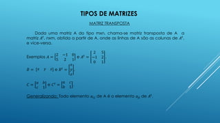 TIPOS DE MATRIZES
MATRIZ TRANSPOSTA
Dada uma matriz A do tipo mxn, chama-se matriz transposta de A a
matriz 𝐴𝑡, nxm, obtida a partir de A, onde as linhas de A são as colunas de 𝐴𝑡,
e vice-versa.
Exemplos 𝐴 =
2 −1 0
5 2 1
e 𝐴𝑡
=
2 5
−1 2
0 1
.
𝐵 = 𝑥 𝑦 𝑧 e 𝐵 𝑡 =
𝑥
𝑦
𝑧
.
𝐶 =
𝑎 𝑏
𝑐 1
e 𝐶 𝑡 =
𝑎 𝑐
𝑏 1
.
Generalizando: Todo elemento 𝑎𝑖𝑗 de A é o elemento 𝑎𝑗𝑖 de 𝐴𝑡.
 