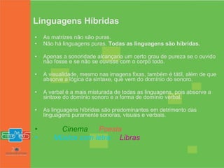 Linguagens Híbridas As matrizes não são puras.  Não há linguagens puras.  Todas as linguagens são híbridas. Apenas a sonoridade alcançaria um certo grau de pureza se o ouvido não fosse e se não se ouvisse com o corpo todo.  A visualidade, mesmo nas imagens fixas, também é tátil, além de que absorve a lógica da sintaxe, que vem do domínio do sonoro.  A verbal é a mais misturada de todas as linguagens, pois absorve a sintaxe do domínio sonoro e a forma de domínio verbal. As linguagens híbridas são predominantes em detrimento das linguagens puramente sonoras, visuais e verbais.  Cinema   Poesia   Música com letra   Libras 