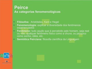 Peirce As categorias fenomenológicas Filósofos:   Aristóteles, Kant e Hegel  Fenomenologia:  explicar a diversidade dos fenômenos experienciados  Fenômeno:  tudo aquilo que é percebido pelo homem, seja real ou não, qualquer fenômeno físico como a chuva, ou psíquico como sonho, idéia, etc.  Semiótica Peirciana:  filosofia científica da Linguagem  