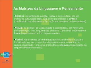 Sonora:  do sentido da audição, realiza a primeiridade, por ser qualidade pura, fugacidade.   Tem como propriedade   a  sintaxe  (combinação dos elementos a fim de formar unidades mais complexas); Visual:  do sentido  da visão, realiza a secundidade, por haver uma presentificação, uma singularidade existente.   Tem como propriedade   a  forma  (aspecto exterior dos corpos materiais);  Verbal:  da faculdade de verbalização própria do homem, realiza a terceiridade, por ser o reino das abstrações e estar amparada na convencionalidade. Tem como propriedade   o  discurso  (organização da sequencialidade discursiva).  As Matrizes da Linguagem e Pensamento 