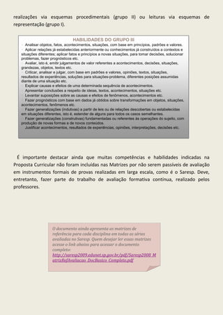 realizações via esquemas procedimentais (grupo II) ou leituras via esquemas de
representação (grupo I).

                                  HABILIDADES DO GRUPO III
   • Analisar objetos, fatos, acontecimentos, situações, com base em princípios, padrões e valores.
   • Aplicar relações já estabelecidas anteriormente ou conhecimentos já construídos a contextos e
   situações diferentes; aplicar fatos e princípios a novas situações, para tomar decisões, solucionar
   problemas, fazer prognósticos etc.
   • Avaliar, isto é, emitir julgamentos de valor referentes a acontecimentos, decisões, situações,
   grandezas, objetos, textos etc.
   • Criticar, analisar e julgar, com base em padrões e valores, opiniões, textos, situações,
   resultados de experiências, soluções para situações-problema, diferentes posições assumidas
   diante de uma situação etc.
   • Explicar causas e efeitos de uma determinada sequência de acontecimentos.
   • Apresentar conclusões a respeito de ideias, textos, acontecimentos, situações etc.
   • Levantar suposições sobre as causas e efeitos de fenômenos, acontecimentos etc.
   • Fazer prognósticos com base em dados já obtidos sobre transformações em objetos, situações,
   acontecimentos, fenômenos etc.
   • Fazer generalizações (indutivas) a partir de leis ou de relações descobertas ou estabelecidas
   em situações diferentes, isto é, estender de alguns para todos os casos semelhantes.
   • Fazer generalizações (construtivas) fundamentadas ou referentes às operações do sujeito, com
   produção de novas formas e de novos conteúdos.
   • Justificar acontecimentos, resultados de experiências, opiniões, interpretações, decisões etc.




 É importante destacar ainda que muitas competências e habilidades indicadas na
Proposta Curricular não foram incluídas nas Matrizes por não serem passíveis de avaliação
em instrumentos formais de provas realizadas em larga escala, como é o Saresp. Deve,
entretanto, fazer parte do trabalho de avaliação formativa contínua, realizado pelos
professores.




                     O documento ainda apresenta as matrizes de
                     referência para cada disciplina em todas as séries
                     avaliadas no Saresp. Quem desejar ler essas matrizes
                     acesse o link abaixo para acessar o documento
                     completo:
                     http://saresp2009.edunet.sp.gov.br/pdf/Saresp2008_M
                     atrizRefAvaliacao_DocBasico_Completo.pdf
 