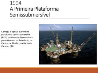 1994
A Primeira Plataforma
Semissubmersível
Começa a operar a primeira
plataforma semissubmersível
(P-18) totalmente desenvolvida
pelos técnicos da Petrobras, no
Campo de Marlim, na Bacia de
Campos (RJ).
 
