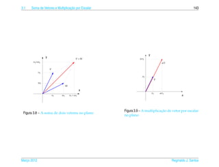 3.1                               ¸˜
      Soma de Vetores e Multiplicacao por Escalar                                                    143




                                                                       y
                  y
                                              V +W               αv2
       v2+w2                                                                     αV

                      V
             v2
                                                                  v2
                                                                            V
             w2
                                    W
                                                   x
                                                                           v1   αv1
                          v1   w1       v 1 + w1                                             x




                                                                                ¸˜
                                                       Figura 3.9 – A multiplicacao de vetor por escalar
 Figura 3.8 – A soma de dois vetores no plano
                                                       no plano




Marco 2012
   ¸                                                                                  Reginaldo J. Santos
 