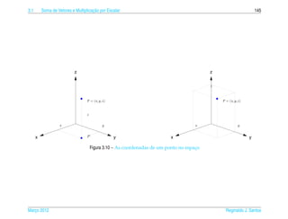 3.1                                   ¸˜
          Soma de Vetores e Multiplicacao por Escalar                                                                145




                            z                                                               z

                                                                                            z



                                   P = ( x, y, z)                                               P = ( x, y, z)



                                   z


                    x                         y                                        x                   y


      x                            P                y                       x                                    y

                                       Figura 3.10 – As coordenadas de um ponto no espaco
                                                                                       ¸




Marco 2012
   ¸                                                                                              Reginaldo J. Santos
 