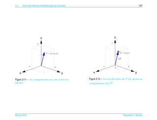 3.1                                   ¸˜
          Soma de Vetores e Multiplicacao por Escalar                                                         147




                             z                                                      z
                        v3                                                      z




                                 V = ( v1 , v2 , v3 )                                    P = ( x, y, z)

                                                                                        −→
                                                                                        OP


                v1                            v2                         x                          y
                                                                                    O


      x                                                 y      x                                          y

Figura 3.11 – As componentes de um vetor no                 Figura 3.12 – As coordenadas de P s˜ o iguais as
                                                                                               a
                                                                             −→
espaco
     ¸                                                      componentes de OP




Marco 2012
   ¸                                                                                         Reginaldo J. Santos
 