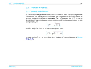 3.2   Produtos de Vetores                                                                                    161


                            3.2    Produtos de Vetores
                            3.2.1 Norma e Produto Escalar
                            J´ vimos que o comprimento de um vetor V e deﬁnido como sendo o comprimento
                             a                                        ´
                            de qualquer um dos segmentos orientados que o representam. O comprimento do
                            vetor V tamb´ m e chamado de norma de V e e denotado(a) por ||V ||. Segue do
                                         e ´                             ´
                            Teorema de Pit´ goras que a norma de um vetor pode ser calculada usando as suas
                                           a
                            componentes, por
                                                             ||V || =     v2 + v2 ,
                                                                           1    2

                            no caso em que V = (v1 , v2 ) e um vetor no plano, e por
                                                          ´

                                                           ||V || =     v2 + v2 + v2 ,
                                                                         1    2    3


                            no caso em que V = (v1 , v2 , v3 ) e um vetor no espaco (veriﬁque usando as Figuras
                                                               ´                 ¸
                            3.14 e 3.15).




Marco 2012
   ¸                                                                                          Reginaldo J. Santos
 