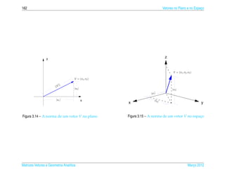 162                                                                             Vetores no Plano e no Espaco
                                                                                                          ¸




                 y                                                               z


                                                                                       V = ( v1 , v2 , v3 )

                                     V = ( v1 , v2 )

                               ||
                        | |V
                                     | v2 |                                           | v3 |
                                                                    |v 1 |

                        | v1 |                x                         |v2 |
                                                       x                                                       y


Figura 3.14 – A norma de um vetor V no plano           Figura 3.15 – A norma de um vetor V no espaco
                                                                                                  ¸




Matrizes Vetores e Geometria Anal´tica
                                 ı                                                                     Marco 2012
                                                                                                          ¸
 